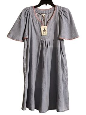 Easel of Los Angeles Midi Dress Peasant Style Blue Chambray Pink Edging Medium